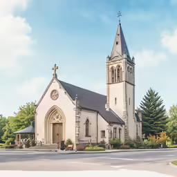 a church with steeple, cross and clock tower