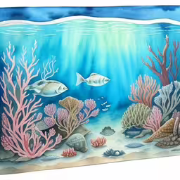 a large underwater scene painted with blue water,a large painting on a white background shows an underwater scene with a coral reef, two fish, and seaweed,a painting on canvas of a underwater scene,an underwater scene with corals, fishes and seaweed,water and corals on the sea floor are colorfully painted in blue