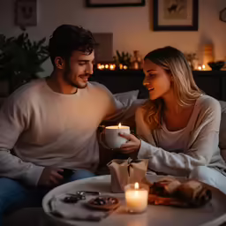 a man and woman sitting on a couch with candles