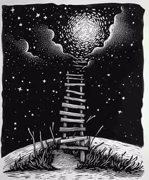 a black and white drawing of a ladder across a field at night,a drawing with stairs reaching up to the sky