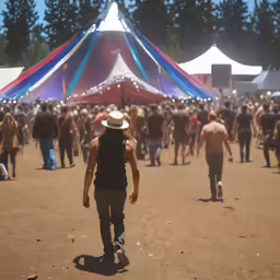 a large group of people are walking in front of a circus tent