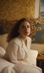the woman is sitting on the bed while having her head held back