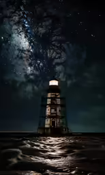 there is a light house on the water at night