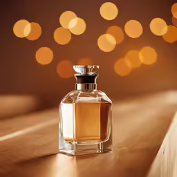 a brown bottle of perfume is on the table