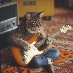 a cat playing a guitar sitting on the floor