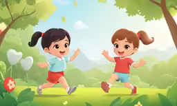 two children running in the forest together