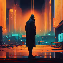 an artwork depicting a person standing in the middle of a city,a man stands on a city street surrounded by tall buildings