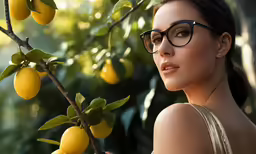 a beautiful woman standing next to a tree full of lemons