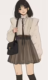 a woman in a skirt and socks standing next to a wall