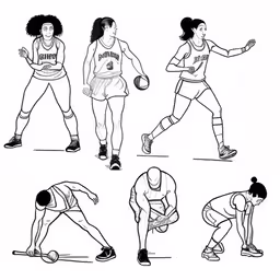 a series of drawings of basketball players holding the ball,sketches of women in sports uniforms, with balls,several woman basketball players in various poses,black and white hand drawn illustration of girls playing sports,drawing a woman doing different kinds of exercise