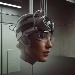 the head of a woman wearing glasses and virtual reality headsets