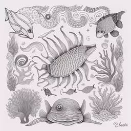 a pencil drawing of a fish and marine life