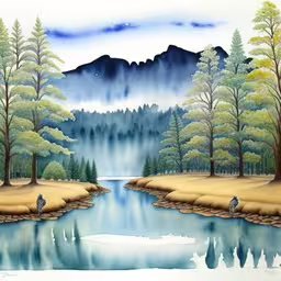 a painting with mountains, trees and a river in front,the painting shows two birds on the water