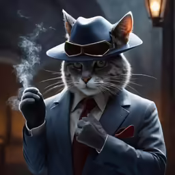 a cat in a suit and hat smoking a cigarette