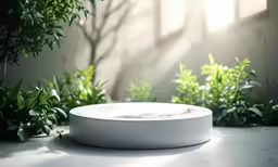a small table with a round white bowl sitting in the center