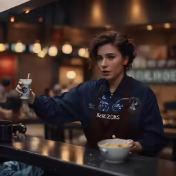the woman is holding up her drink to serve