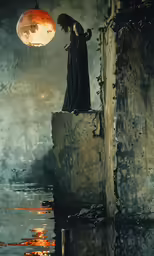 the girl is looking down from her ledge by the water