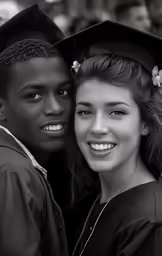 black and white image of two young children in graduation attire