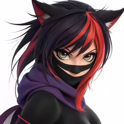 a person with long black hair and a mask