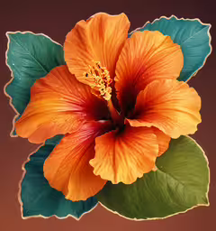 a orange flower with large leaves sitting on a white and green stem,the flower on the brown background is very colorful