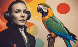 woman with headphones staring at parrot while sitting on perch
