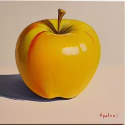an apple with a brown stem on a table,a large yellow apple sits on a white table,the apple is painted in vibrant yellow and red,a painting of a yellow apple,the yellow apple is ready to be painted by an artist