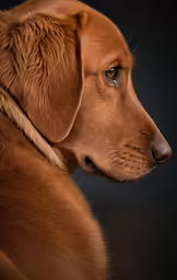 a brown dog looks on in a portrait