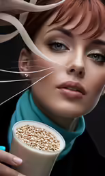 the woman with the red hair is holding up a drink