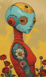 a strange looking robot holding flowers and a yellow background