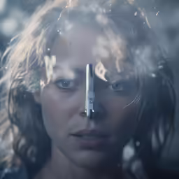 the woman with scissors in her hair is staring straight ahead