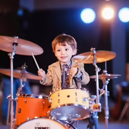 young boy holding a microphone and playing the drums on stage