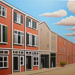 a mural on the wall of an apartment building,a painting of a row of identical buildings