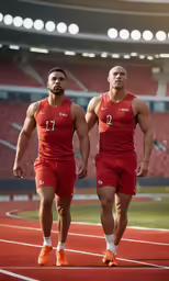 two athletes wearing red uniforms and white socks