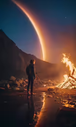 a woman standing next to a burning fire