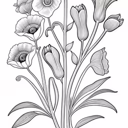 flowers that are in bloom are drawn on a white background,a drawing of flowers on a white background