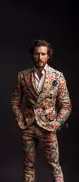 a man in a floral patterned suit,the model is dressed in a colorful suit with white shirt and shoes