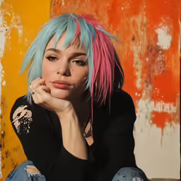 a woman with a pastel hair sitting with her hand on her face
