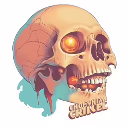 a drawing of a skull with blood dripping from the lower jaw