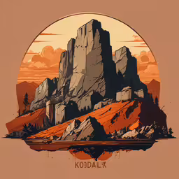 an abstract mountain scene is featured in the foreground,an orange, yellow and black art work featuring an image of a rocky mountain