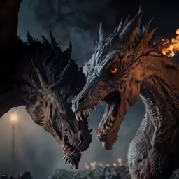 a pair of demonic looking dragon fighting each other