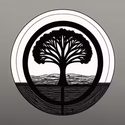 a black and white drawing of a tree on a round,a black and white tree of life on a gray background