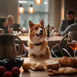 a corgi sitting at a table surrounded by bread and fruit