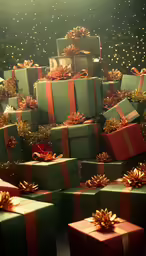 many presents are piled up with bow and ribbons