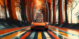 a orange sports car driving through a forest