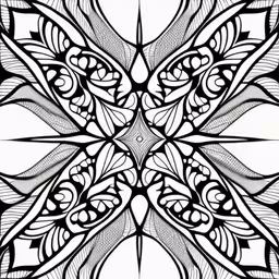 the intricate black and white design in the art work,the inside of a coloring book, with patterns and shapes,a large circular, intricate flower design made with black and white lines,a very intricate design with many lines on it,black and white pattern with abstract shapes