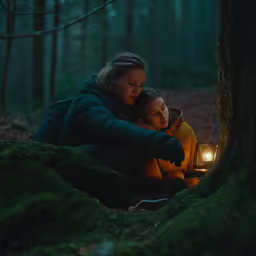 a couple camping in the woods at night, taking a rest