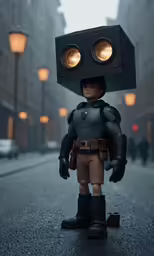 a toy that is wearing a robot head with lights on