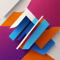 multiple colored strips of art made with acrylic paints,paper squares and rectangles floating in the air