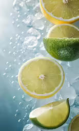 several sliced limes, one laying on ice, surrounded by water