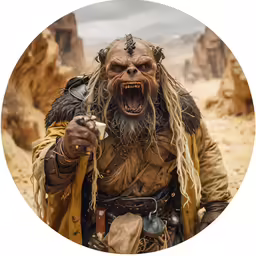a demon with long hair and a beard, holding a phone